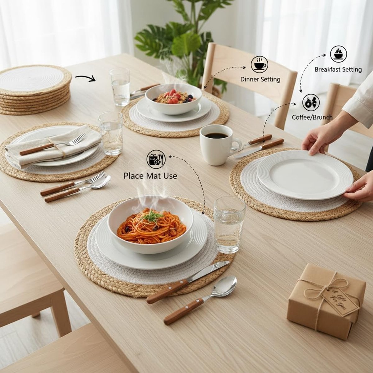 Ronde Katoenen Placemat Set van 4 - Jute Rand - Eco-vriendelijk - Duurzame Tafelmatten voor Dineren - ShopVlot
