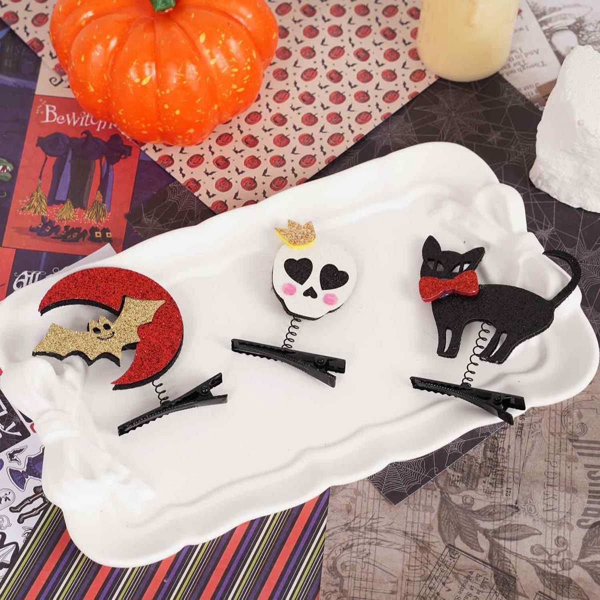 SnelShoppen - Halloween Haarspelden Scary Haarclips voor Vrouwen, Meisjes, Jongens en Mannen - Zwarte Kat, Doodskop, Vleermuis - Zwarte Haaraccessoire