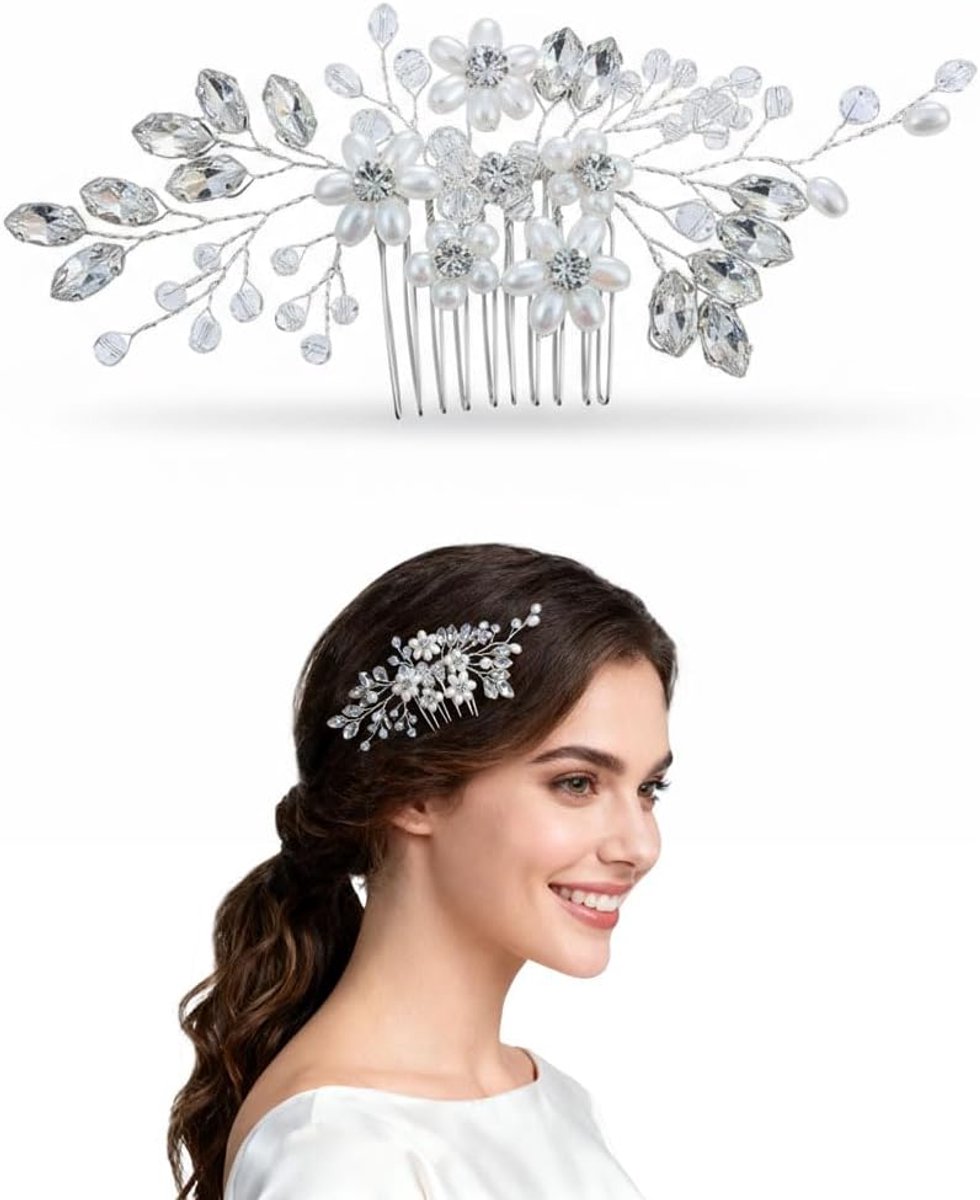 SnelShoppen - Bruidsbloem Haarcombinatie, Trouwerij, Strass, Bruidshoofdtooi, Bladeren Parels, Haarspeld, Zijkammen, Decoratieve Haaraccessoires voor