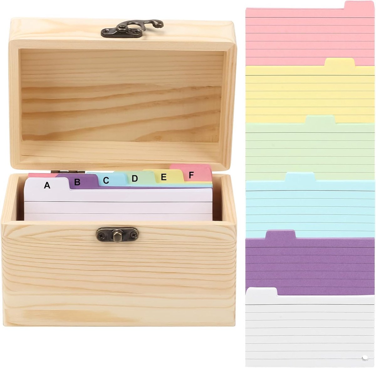 SnelShoppen - Indexkaarten Doos van Hout met Deksel, Inclusief 150 Kleurrijke Indexkaarten voor Woordtraining, Taalexaminaties en Dagelijks Leren