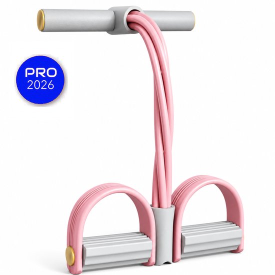 Roze en grijs trainingsapparaat met twee pedalen en handvat.
