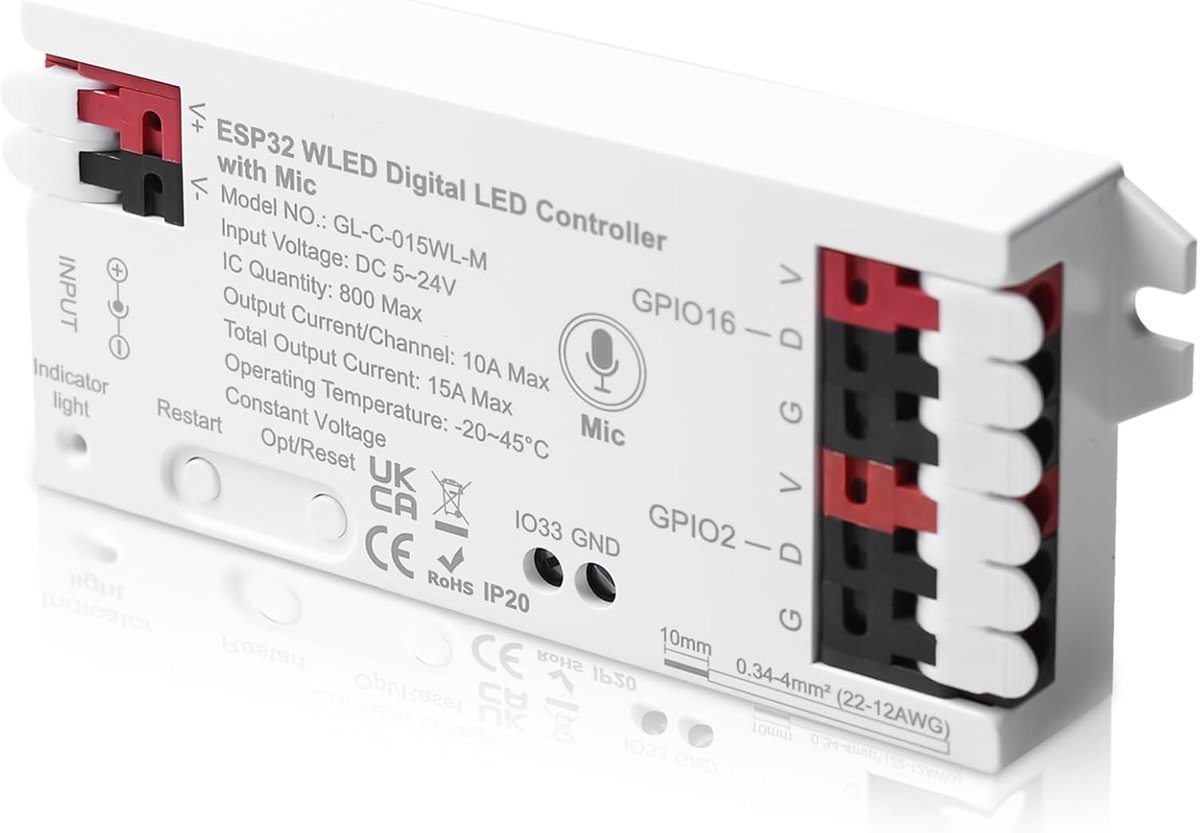 SnelShoppen - WLED Controller met Microfoon, ESP32 DC 5V-24V Digitale LED Strip Controller voor Addressable LED Strips RGB IC WS2811 WS2812B SK6812 WS