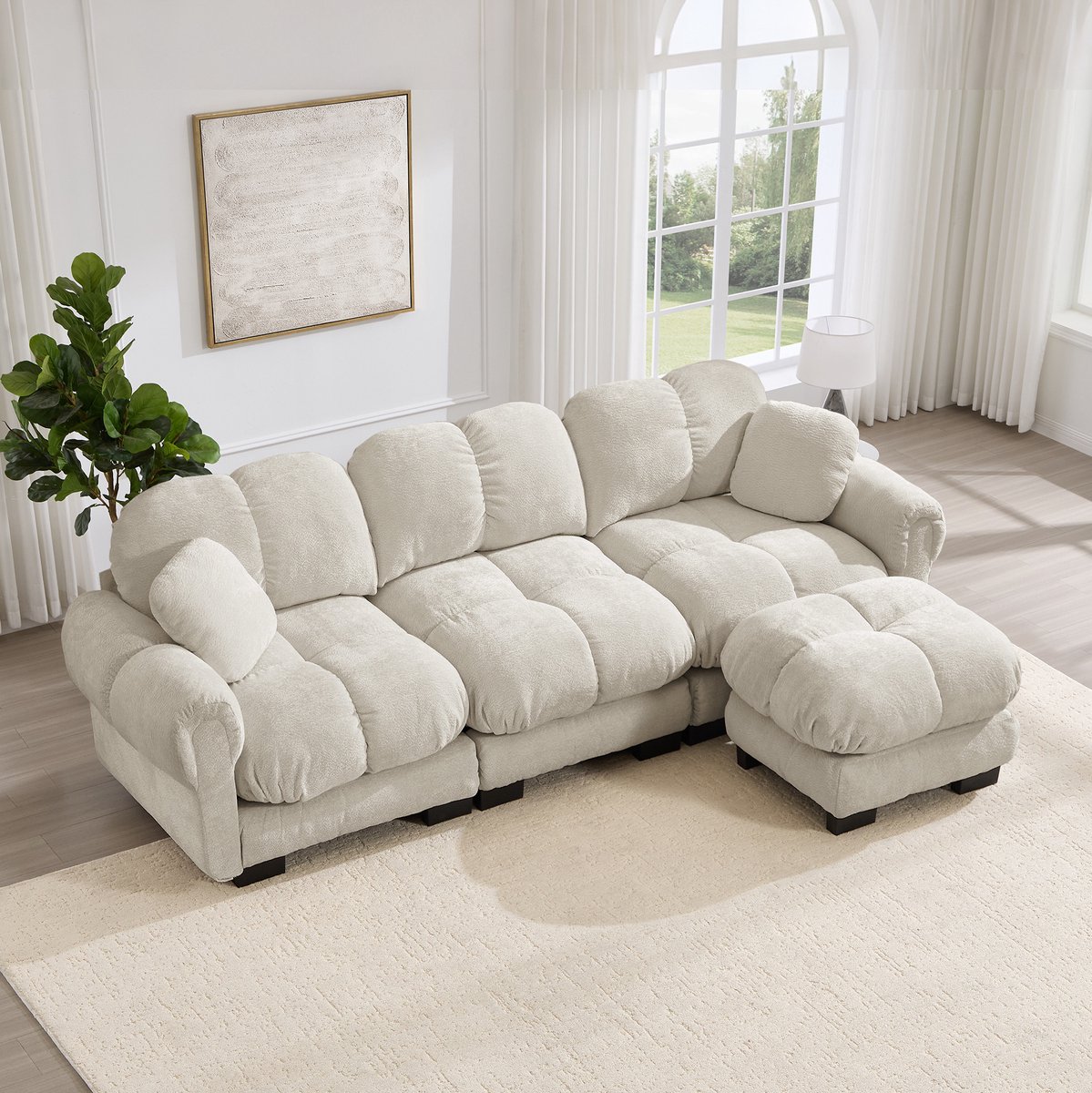 MEUNIQ 3-zits hoekbank L-vormige chenille bank met mobiele ottomane, 2 sierkussens en gestikt patroon voor de woonkamer in licht kaki Light Khaki