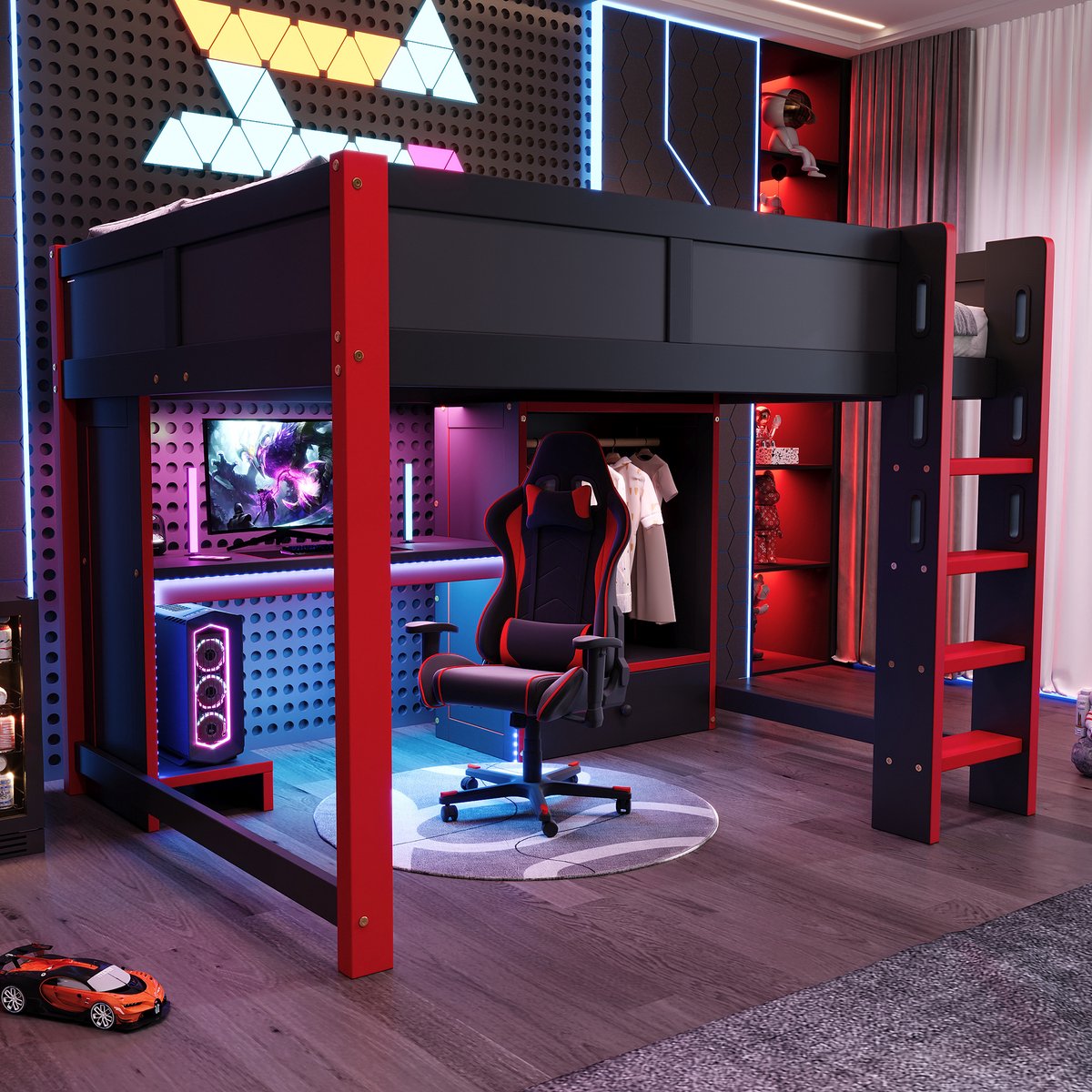 REDOM - Hoogslaper met bureau en opbergruimte - LED verlichting - Met ladder en uitvalbeveiliging - Gamingstijl - Kinderkamer - Hout en MDF - Zwart en rood - 140 x 200 cm