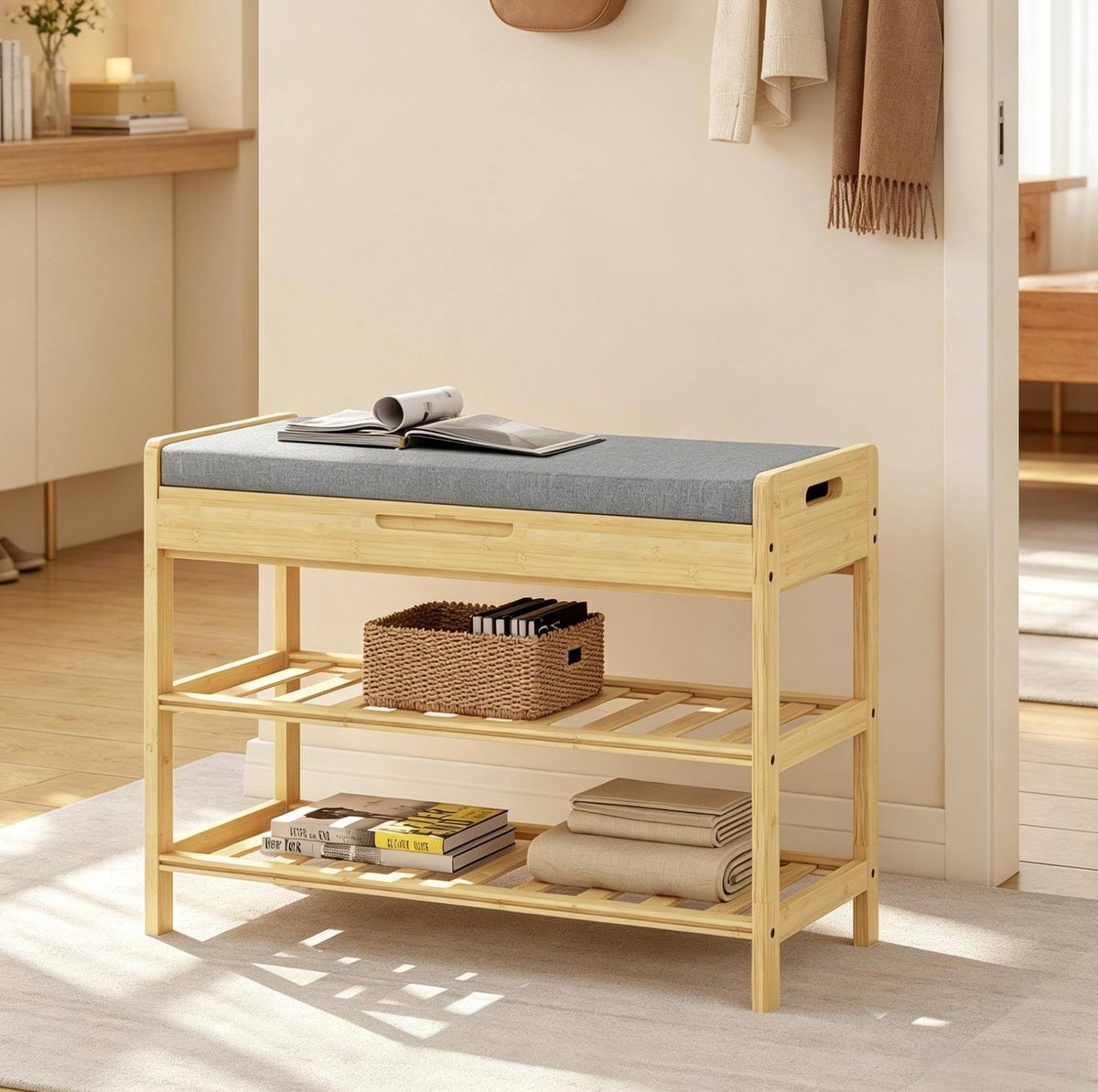 MIVRAY Schoenenbank 68 x 30 x 50 cm - Open Schoenenrek Met Zachte Zitting En Verborgen Vak - Voor Hal En Slaapkamer - Bamboe En Stof - Grijs