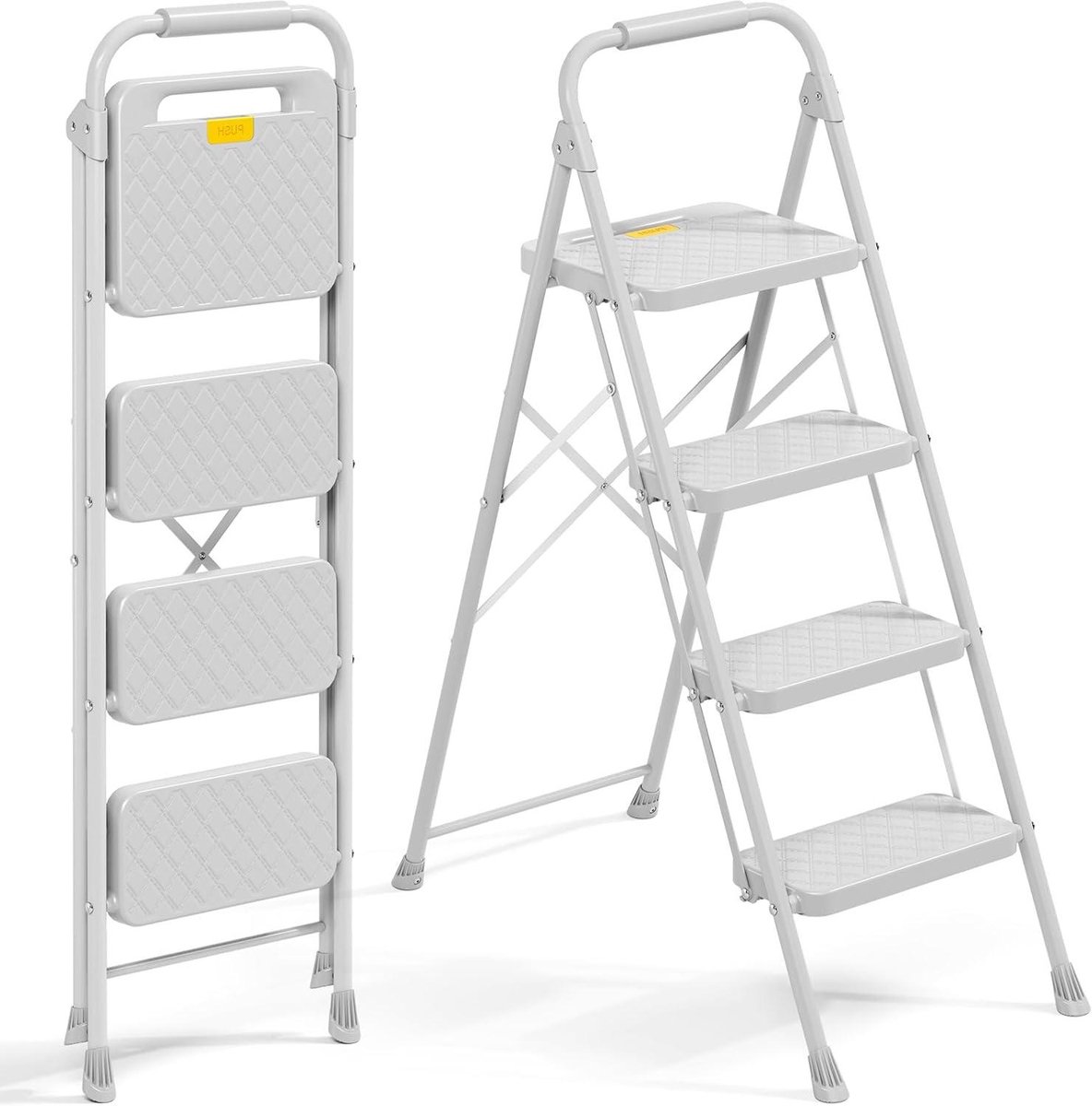 Vouwladder 4 Treden - Huishoudtrap Opstap - Veilig Klussen - Met Leuning - 113.3cm Hoog - Grijs
