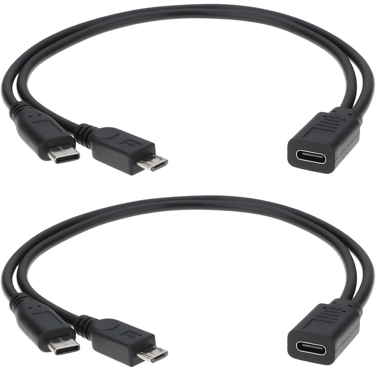 SnelShoppen - Y-vormige Type C vrouwelijke naar USB-C + Micro USB mannelijke Splitterkabel 0.3m voor Mobiel, Kleine Ventilator, Zaklamp, Hoogwaardige