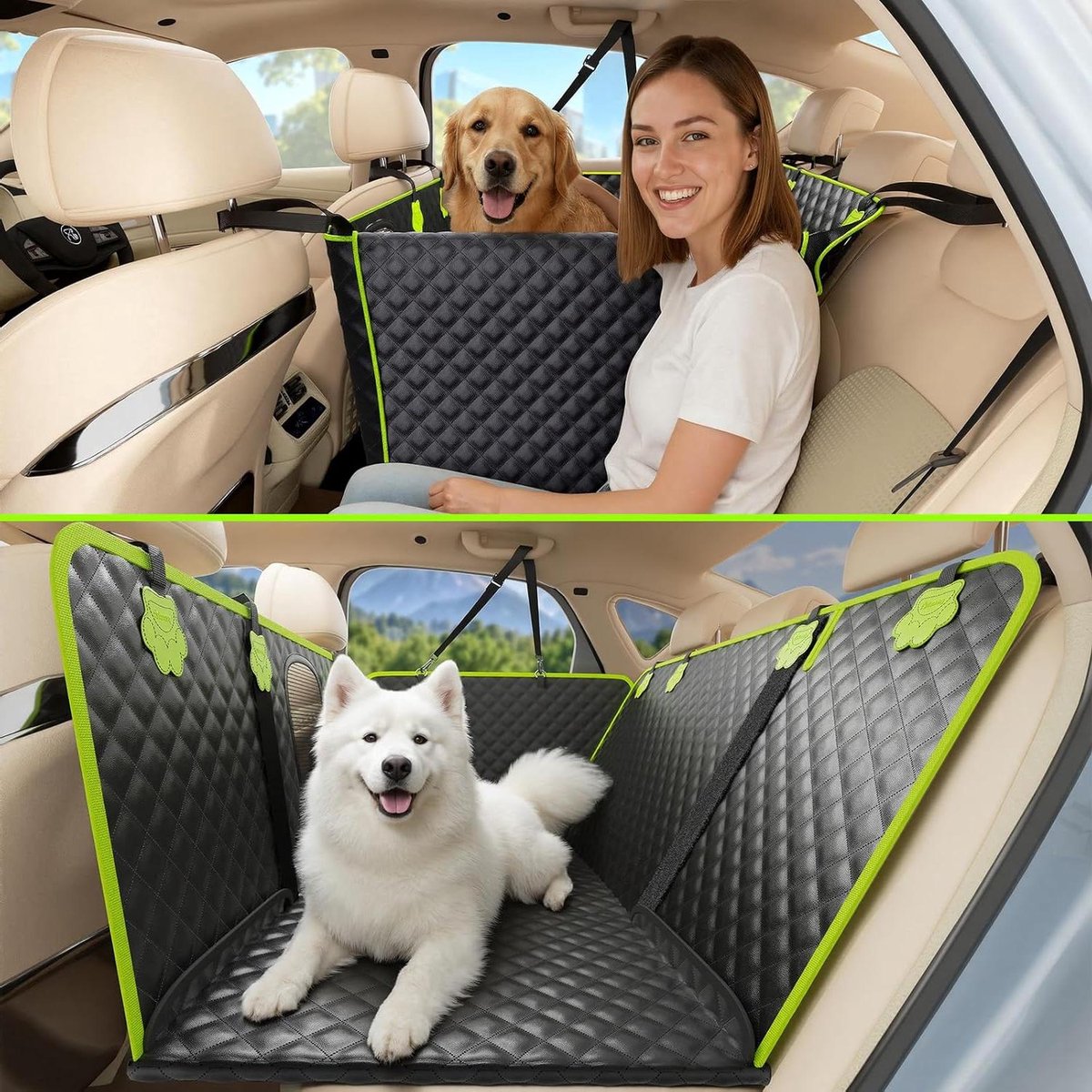 Autostoel Beschermer - Honden Lichaam Bescherming - Veilig Reizen - 2-in-1 Ontwerp - 128 x 64 cm - Zwart Groen