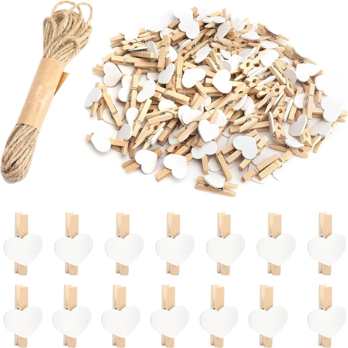Hartvormige klemmen 100 stuks - Mini houten knijpers 3,5 cm - Decoratieve clips voor foto's - Ideaal voor collages - SnelShoppen