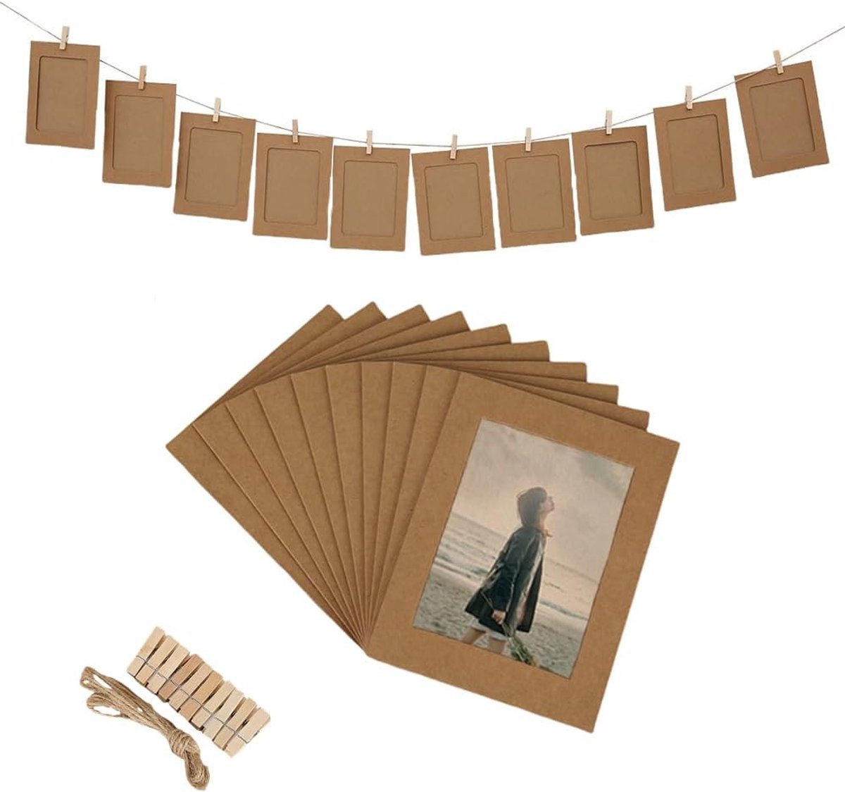 SnelShoppen - 50 Stuks 15x18cm Foto Hoesjes met Houten Klemmetjes en Jute Touw voor Foto Hangen, Wanddecoratie Thuis en Kinderkamer, Bruin