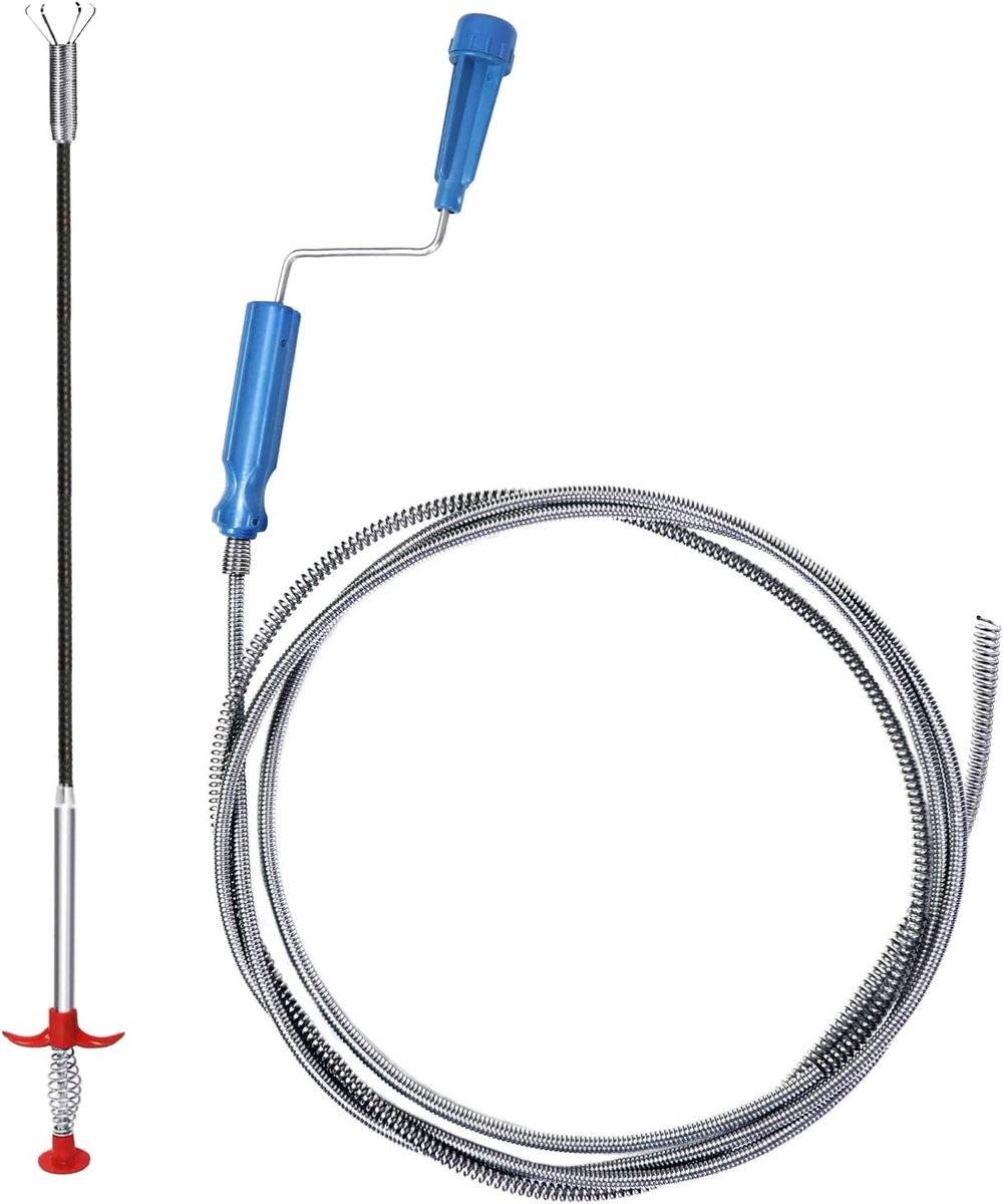 Afvoerreiniger Set - Zwart - 3 m + 0,6 m - Flexibele Spiraal en Grijper - Voor Keuken en Badkamer