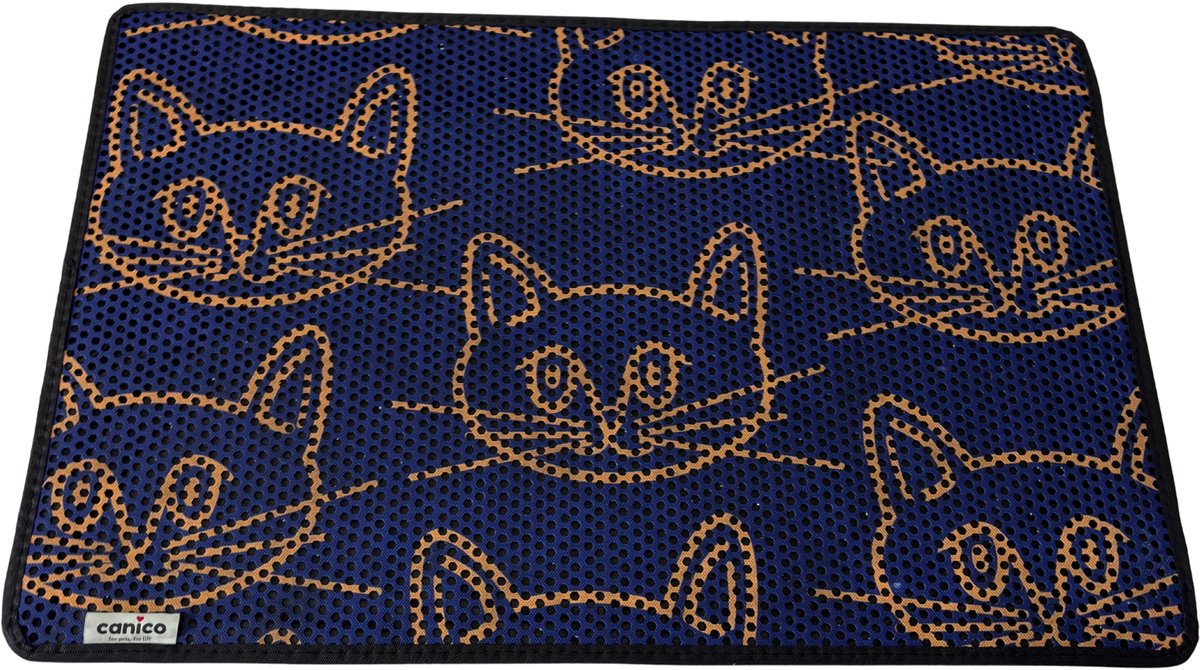Canico Kattenbakmat - Uitloopmat - Kattengezichten op Blauw - 60 x 45 cm