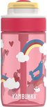 Roze drinkfles van Kambukka met een afbeelding van vogels, wolken en regenbogen. Rood met gele dop.