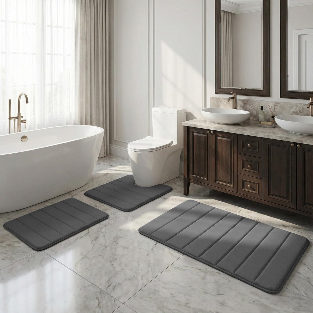 SnelShoppen - 3-delige antislip badmatset, microvezel pluche badkamermat met U-vormig contourtoilettapijt, antislip ontwerp, donkergrijs, voor badkame