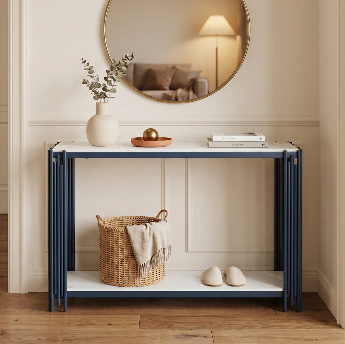 FloraGrace Sidetable - Moderne Konsolentafel Met 2 Legplanken - Voor Hal Woonkamer En Slaapkamer - MDF En Metaal - 123,5x33,5x80 Cm - Zwart Wit
