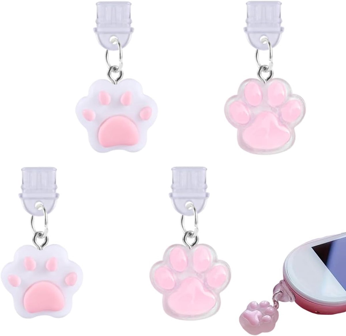SnelShoppen - Set van 4 USB-C Stofdoppen - Schattige Kattenpootjes - Type C Stofbescherming - Decoratieve Oplader Cover voor Smartphone en Tablet