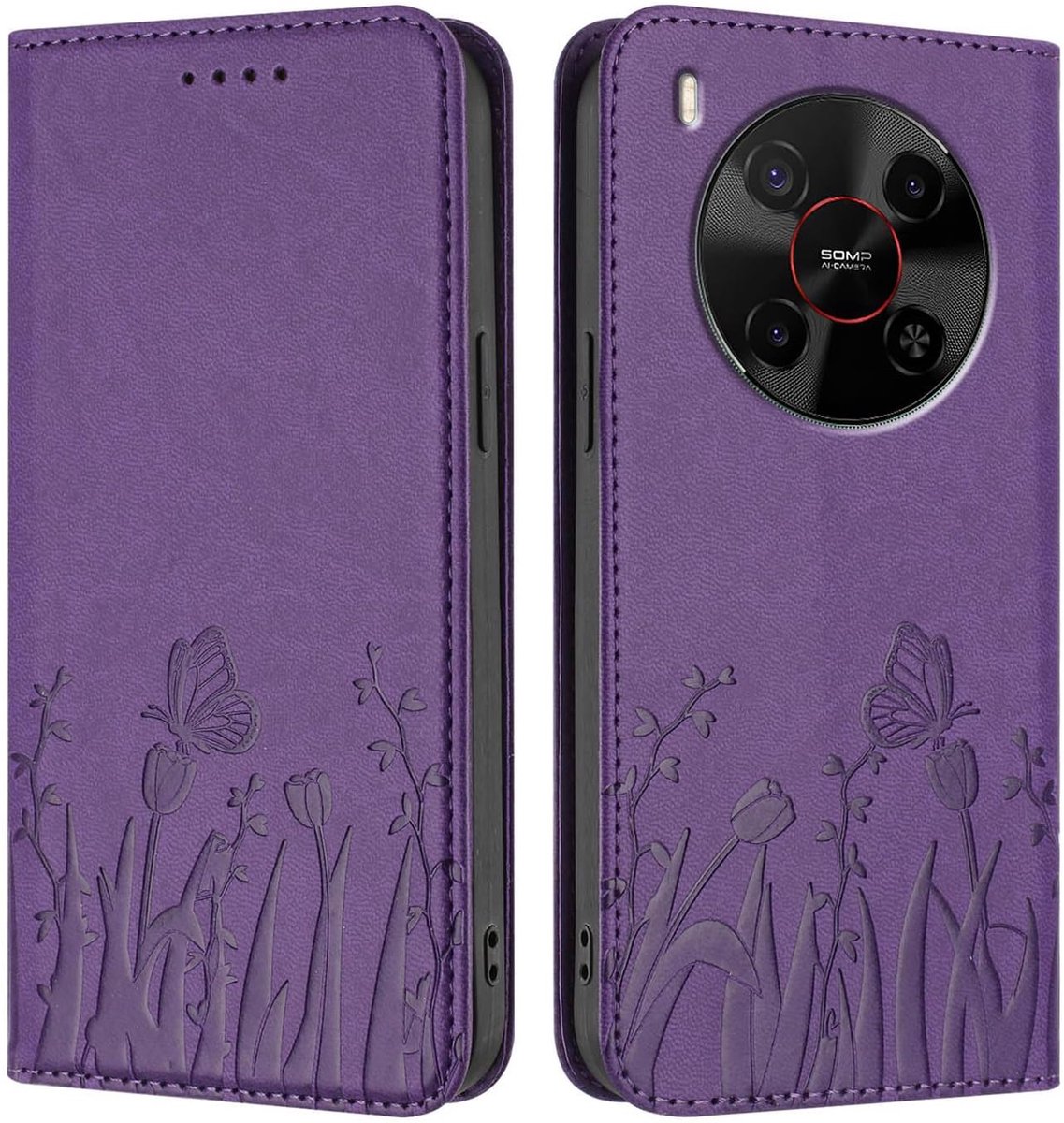 SnelShoppen - Leren hoesje voor ZTE Blade V70 Max, schokbestendig, PU-leer, RFID-blokkering, elegant bloemen- en vlinderpatroon, etui met kaartvakken,