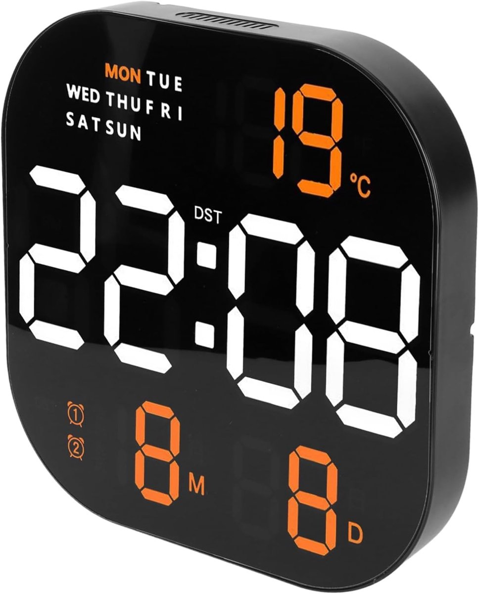 SnelShoppen - Digitale Grote Scherm Wandklok op Afstandbediening voor Woonkamer met Temperatuurweergave - Wit Licht met Oranje - Makkelijk Af te Lezen