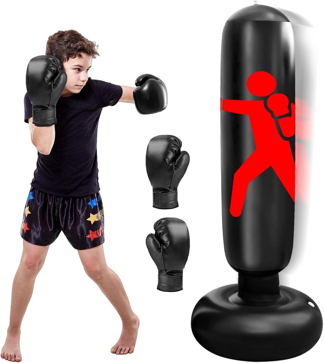 SnelShoppen - Opblaasbare Punching Bag voor Kinderen 160 cm met Bokshandschoenen, Staande Bokszak voor Jongens en Meisjes van 3 tot 12 Jaar, Perfect v