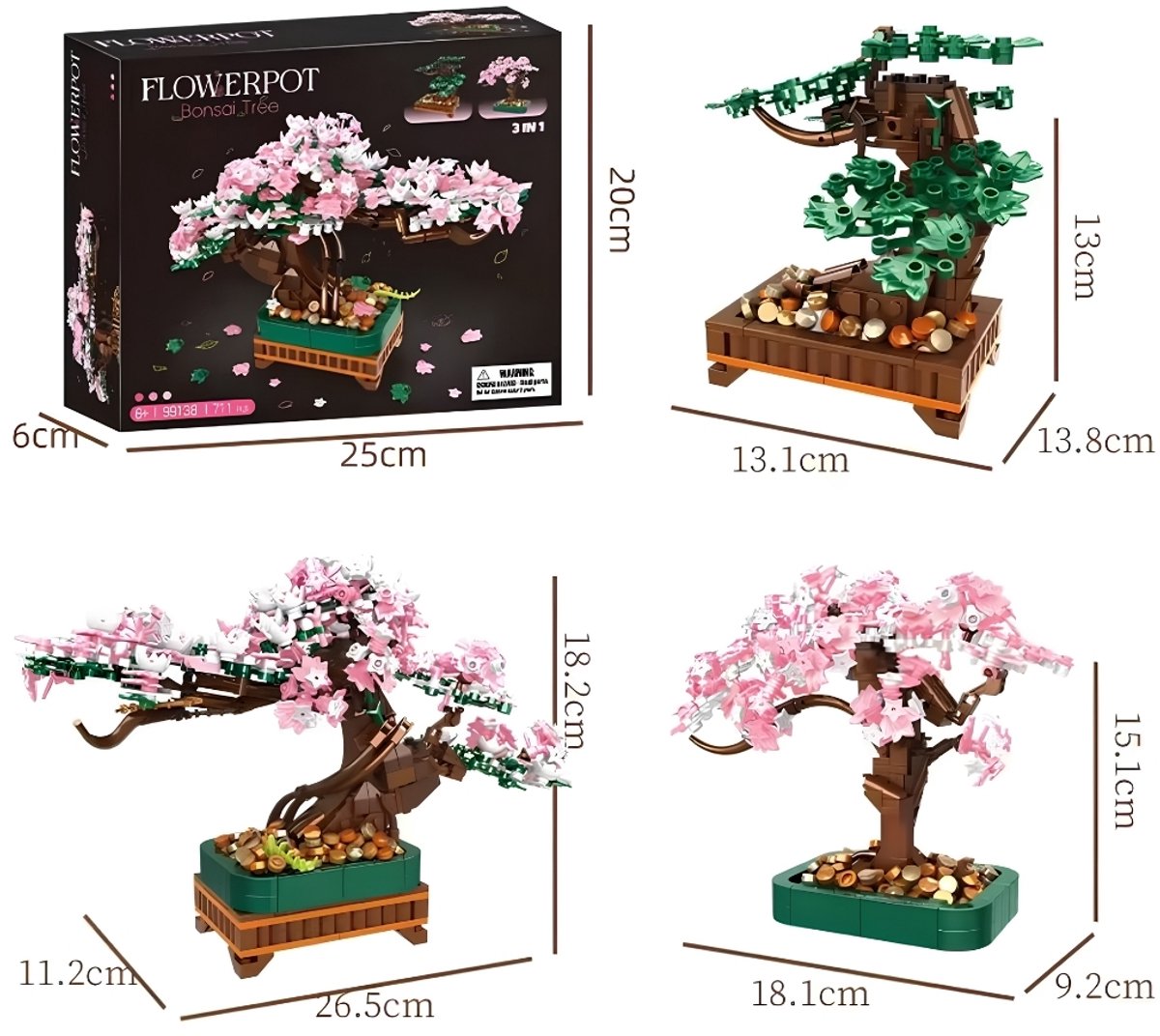 Zhe Gao 99138 Japanse 3 in 1 bloemen plantje bouwset | Botanical Bonsai | Sakura Flowers Collection | Classic Creator STEM speelgoed bouwpakket voor volwassenen en kinderen | Decoratie modelbouw niet geschikt voor lego | Bouwdoos met 700 bouwstenen — afbeelding 7