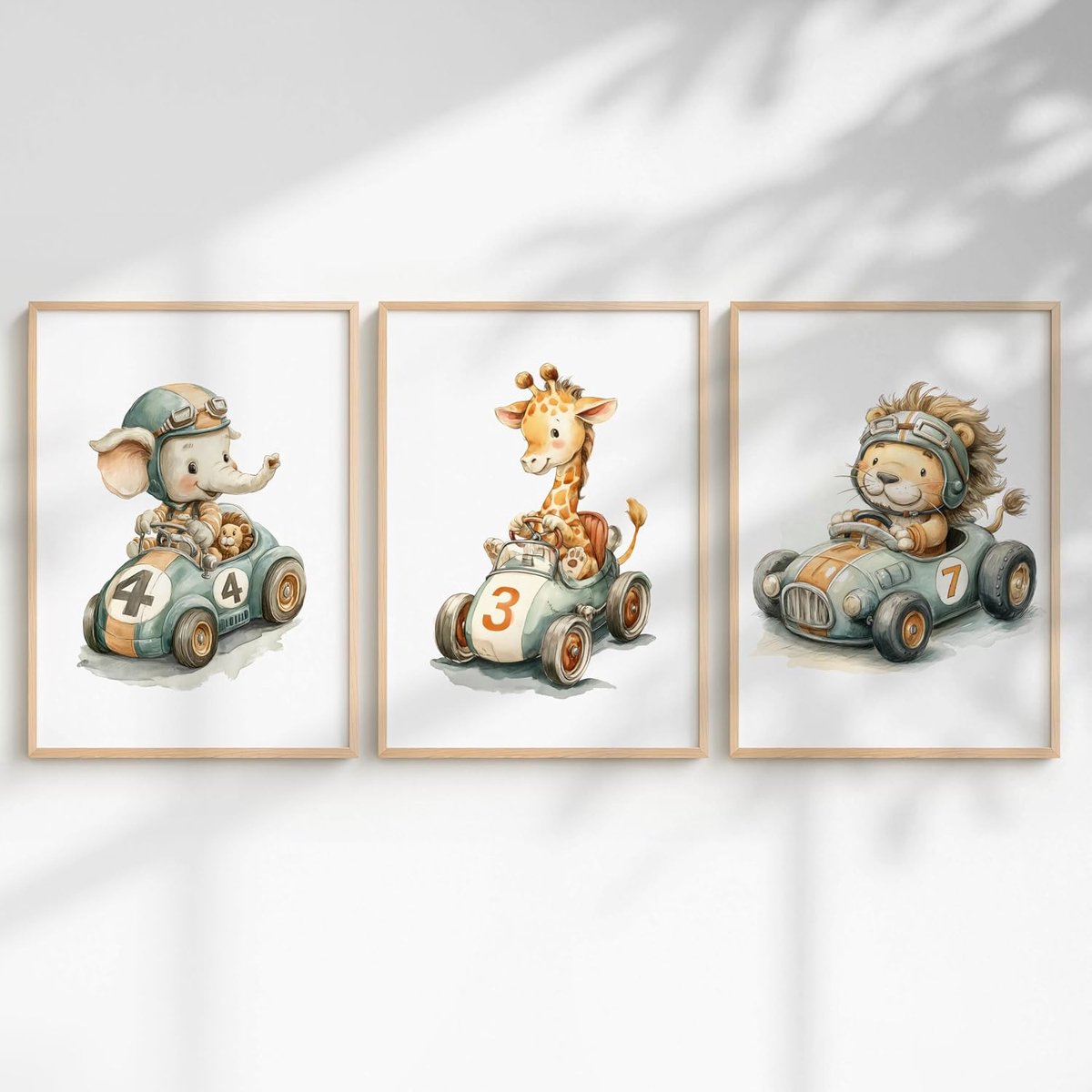 SnelShoppen - Set van 3 schattige posters voor kinderkamer jongens - dieren- en voertuigmotieven - raket, raceauto en heteluchtballon - wanddecoratie