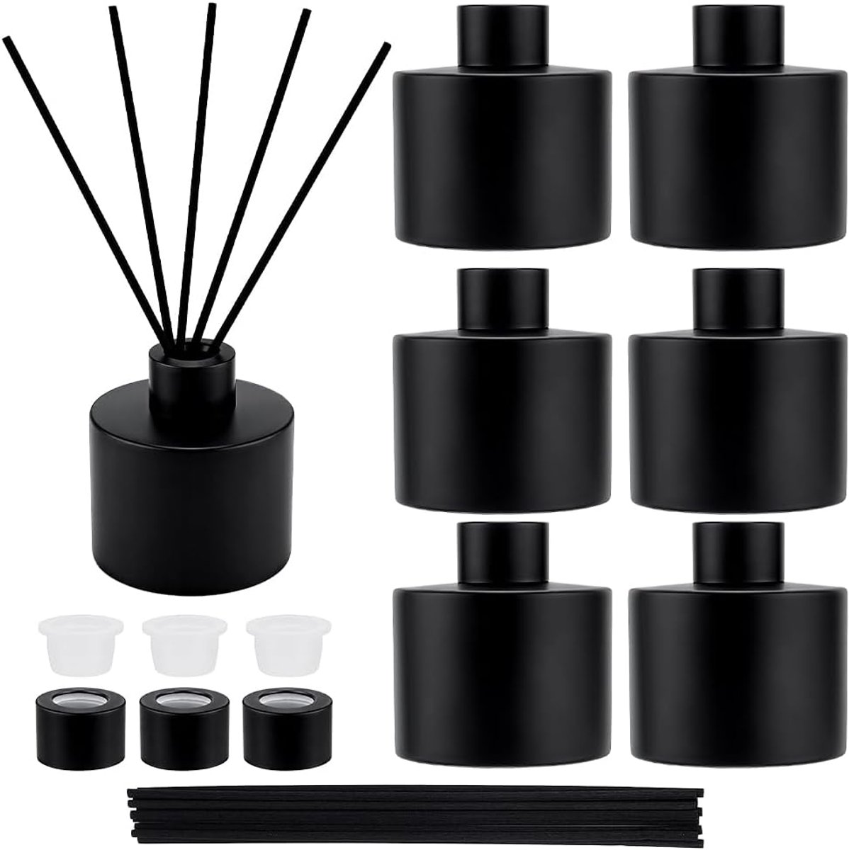 SnelShoppen - 6 Stuks 120 ml Glazen Diffusorflessen, Matzwarte Geurpotten, Navulbare Ronde Potten met Geursticks voor Etherische Oliën, Perfect voor T