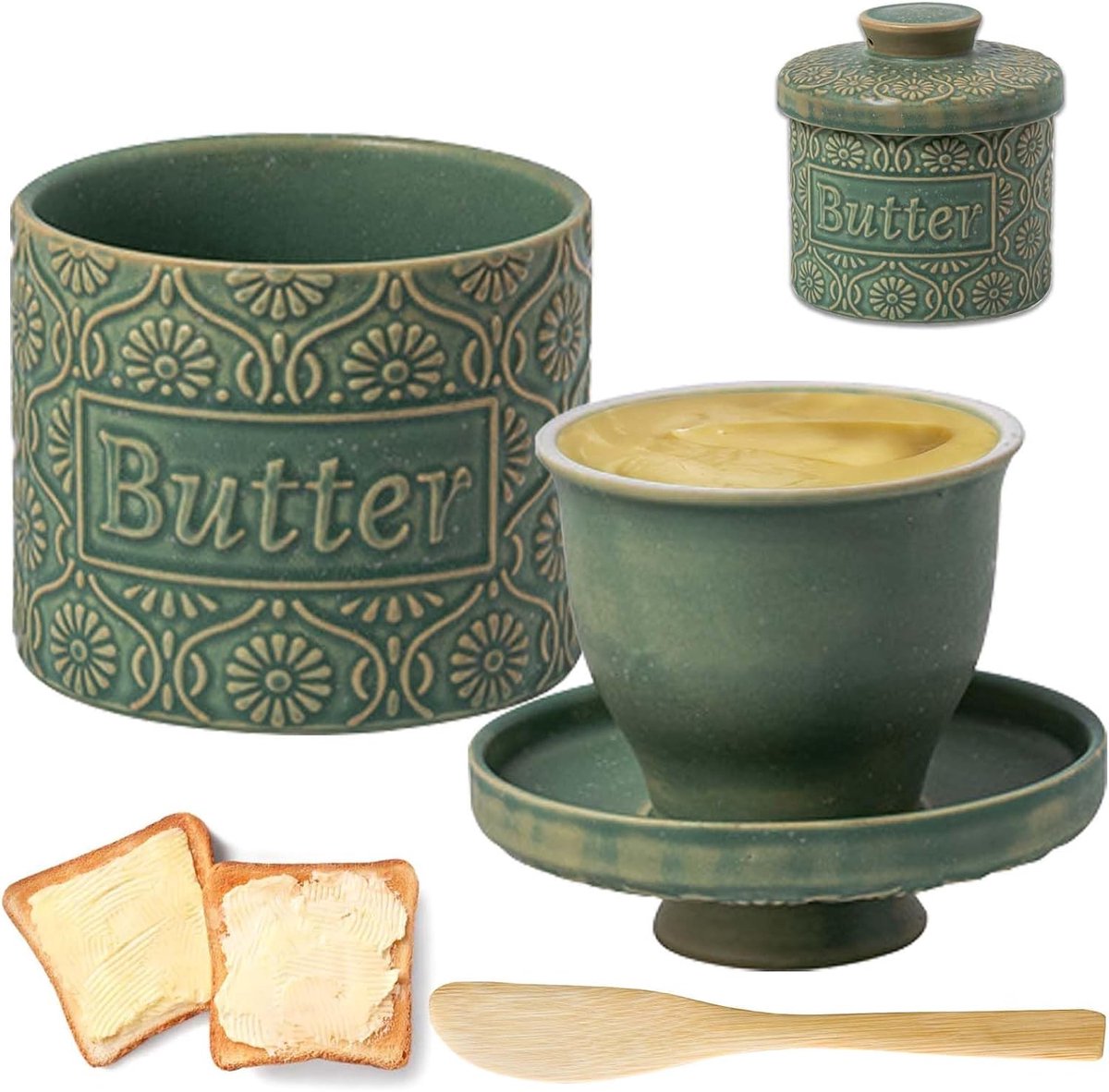 SnelShoppen - Franse boterpot keramisch met deksel en botermes, watergekoelde botercontainer met waterlijn, porseleinen vintage design voor boter, keu