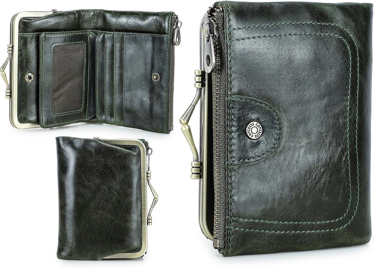 SnelShoppen - Dames RFID Portemonnee met Klinksluiting, Echte Leren Compacte Bifold Muntportemonnee met Ritsvak, Vintage Creditcardhouder Klein Clutch