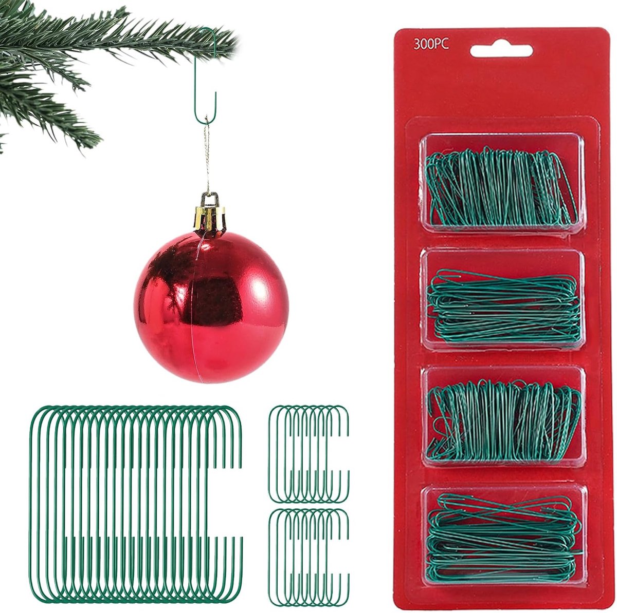 SnelShoppen - 300 Stuks Kerstboom Haakjes Groene Draad Haakjes voor Kerstballen met 200 Stuks van 3,2 cm en 100 Stuks van 6,3 cm voor het Ophangen van