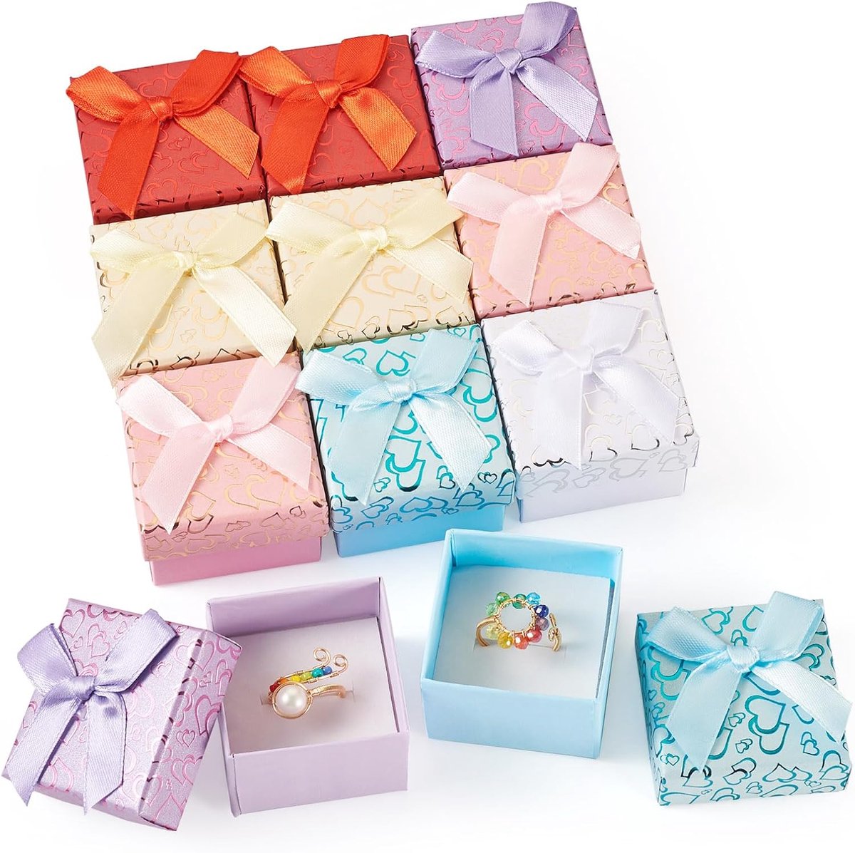 SnelShoppen - 12 Stuks Sieraden Geschenkdozen Vierkante Kartonnen Opbergdozen Hart Patroon Met Strik Voor Ringen Armband Oorbellen Kettingen Bruiloft