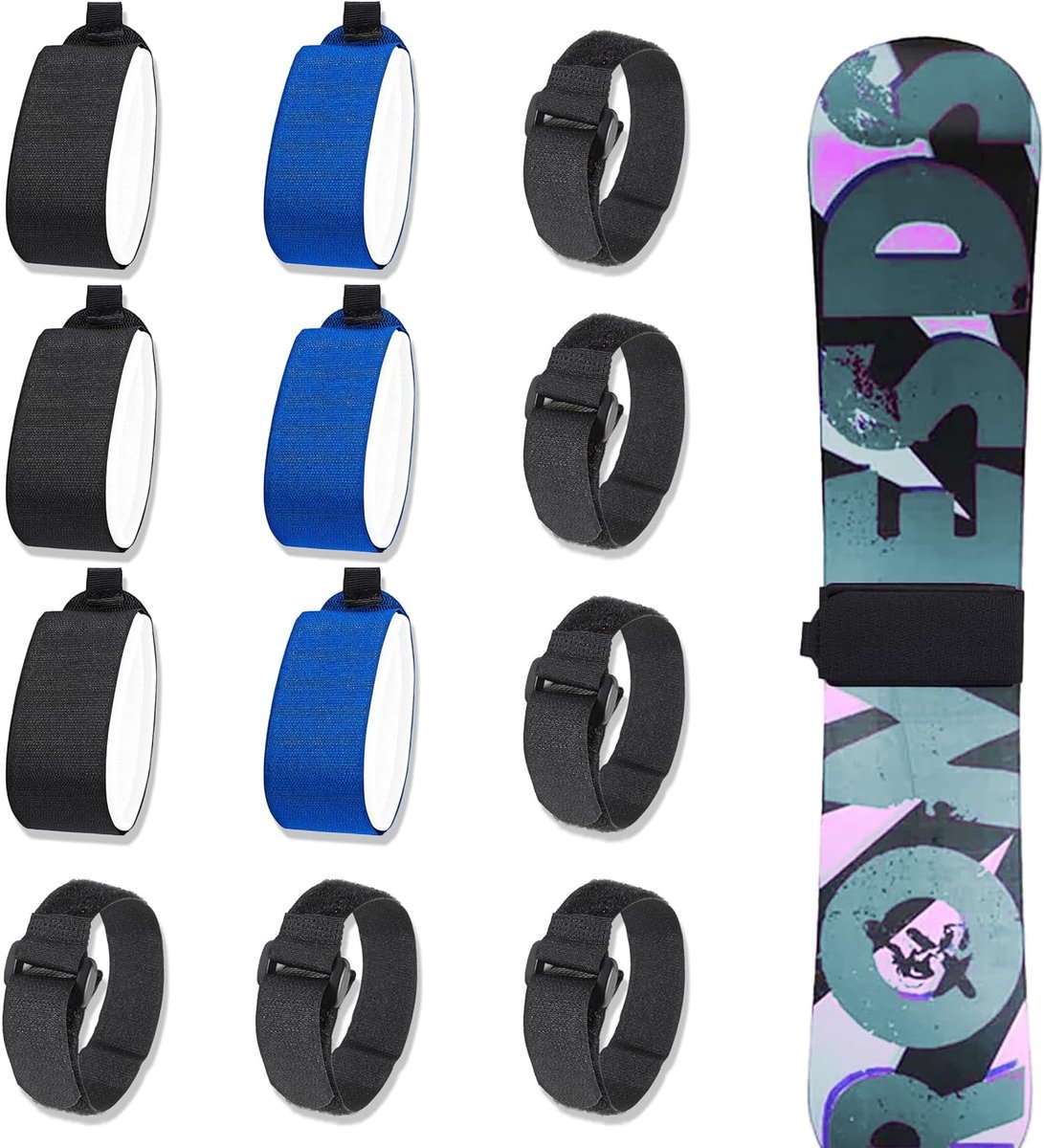 SnelShoppen - Ski Fixatiebanden, 12 Stuks Verstelbare Ski Straps voor Sportaccessoires, Duurzaam Nylon met EVA Voering voor Skiën en Wintersport