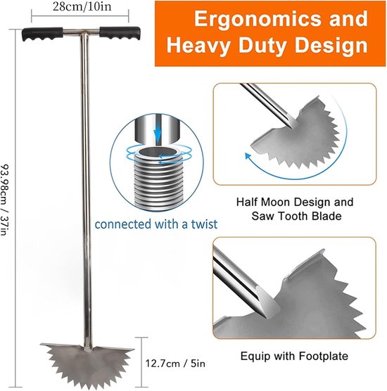 Lawn Edge Cutter, Stainless Steel Manual Grass Edge Cutter with Saw Tooth Blade, Half Moon Edger Tool, T-Handle, for Cleaning Edges Along Sidewalks, Driveways, Gardens — afbeelding 3