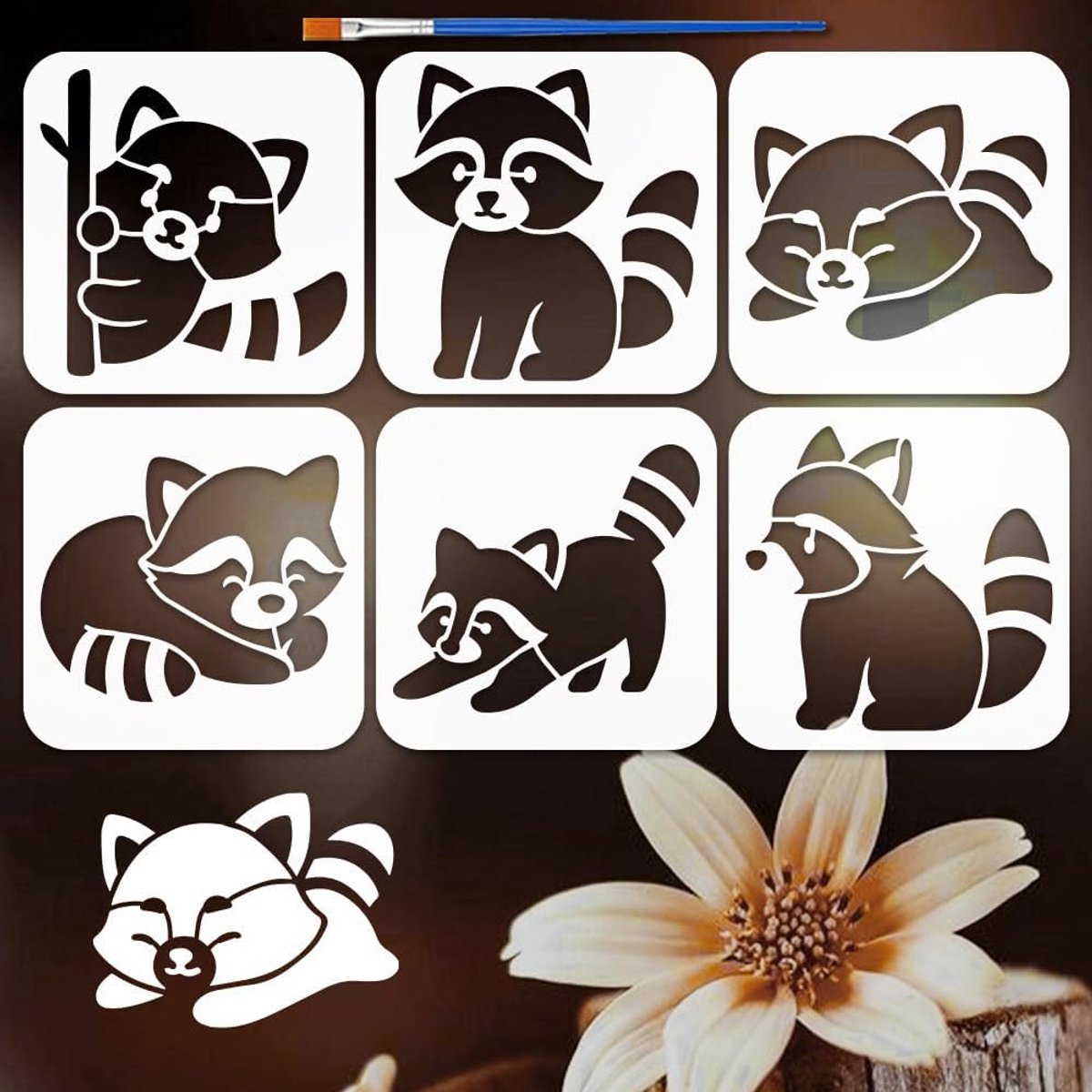 SnelShoppen - 6 Stuks Schattige Raccoon Sjablonen met 1 Kwast 15x15cm Dierlijke Patronen voor Schilderen op Hout, Wanden, Meubels, DIY Huisdecoratie