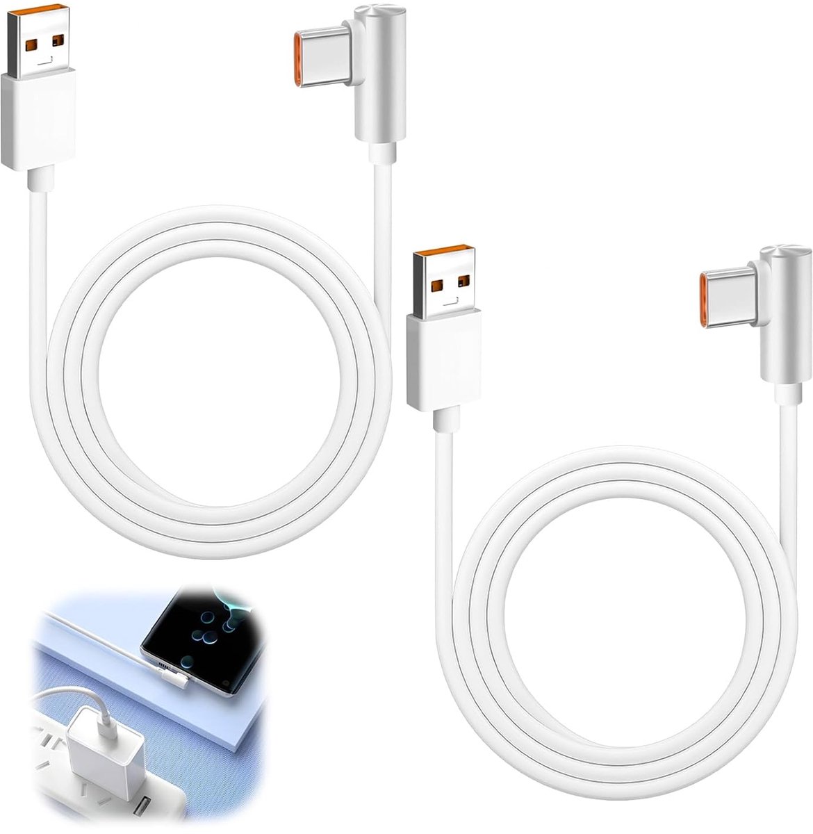 SnelShoppen - Pack van 2 120W USB Type-C Kabel 6A 2M Wit 90 Graden Snellader Kabel Geschikt voor Smartphones en Tablets