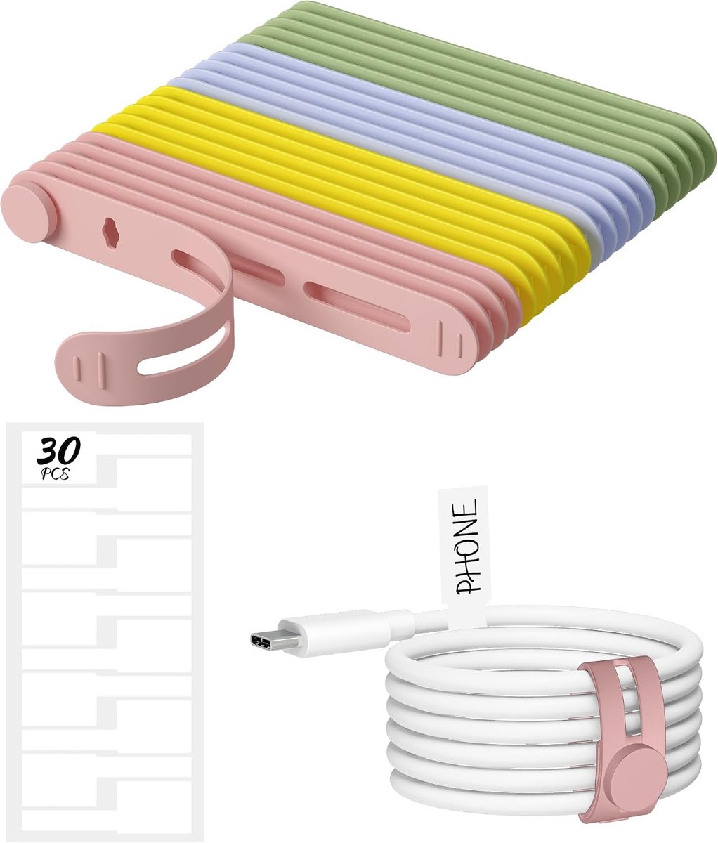 SnelShoppen - 20 Stuks Siliconen Kabelbinders, Hersluitbare Kabelbinders met 30 Stuks Kabel Labels, Kabel Organiser, Multifunctioneel voor Kantoor, Bu