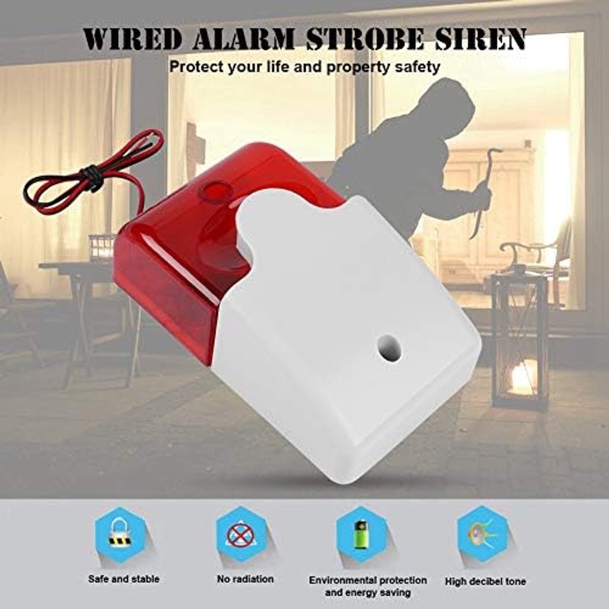 SnelShoppen - 12V bekabelde stroboscoop sirene met geluid alarm en rode lichtflits voor thuisbeveiliging, brandveiligheid, hoge decibel, stevig en duu