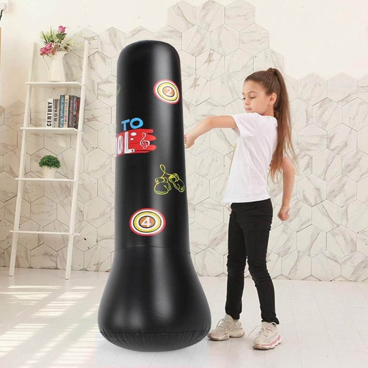 SnelShoppen - Boxing Boxsack Verdikken Opblaasbare Fitness Boxsack Vrijstaand Tumbler voor Stressverlichting - 1.1M Zwart voor Volwassenen en Kinderen