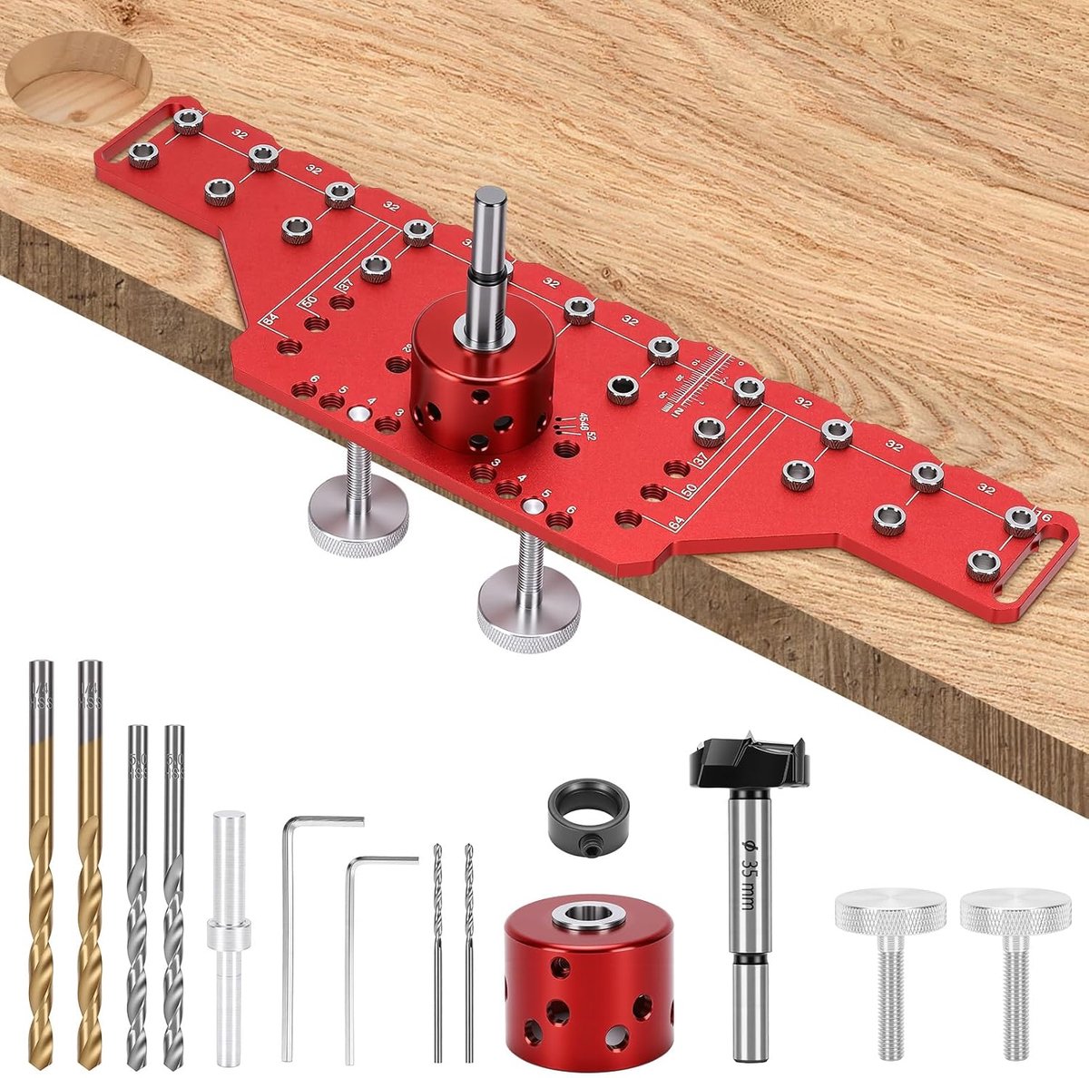 SnelShoppen - 2 in 1 Hinge Punch Positioner Boorgat Jig met 5mm en 6.25mm Gidsbussen voor Kastdeuren en Planken, 33 Boorgaten, Perfect voor Meubelinst