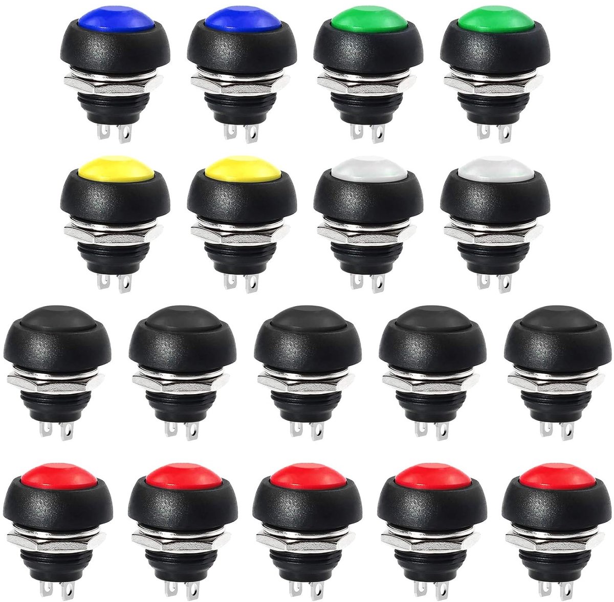 SnelShoppen - 18 Stuks 12mm Mini Momentary Drukknop Schakelaar - Waterdichte Drukknop Schakelaar 3A 125V Aan-Uit - Rond DIY (6 Kleuren)
