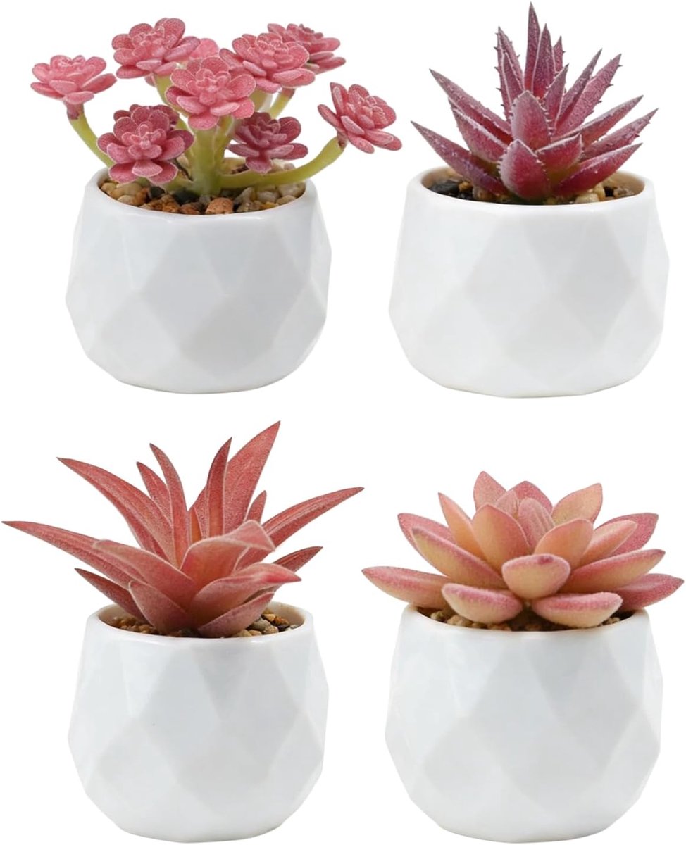 SnelShoppen - Kunstplant Set van 4 Roze Succulenten in Witte Keramische Potten, Perfect voor Woonkamer, Kantoor en Balkon, Mini Decoratie, Modern Desi