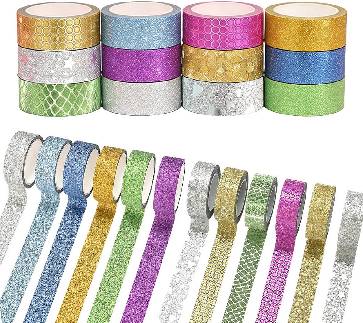 24 rollen kleurrijk glinsterend plakband, 12 verschillende patronen decoratieve tape, ideaal voor doe-het-zelf - ShopVlot