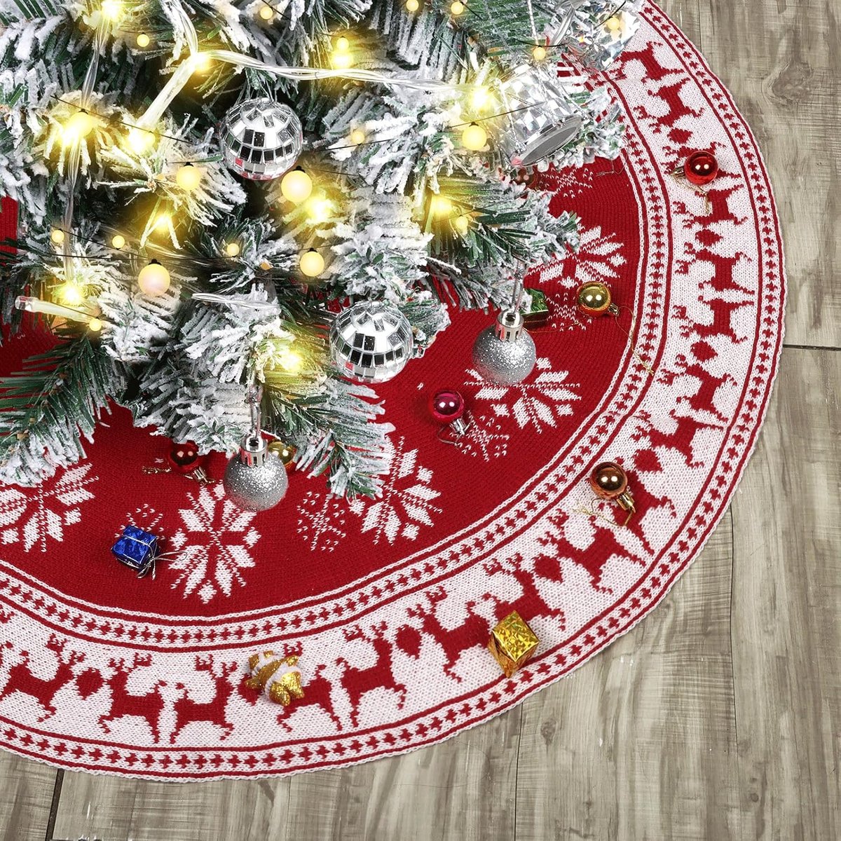SnelShoppen - Kerstboomrok Bordeau, Gebreide Kerstboomdecoraties met Sneeuwvlokken en Herten, Grote Basisbedekking voor Kerstboom 90cm, Feest- en Kers