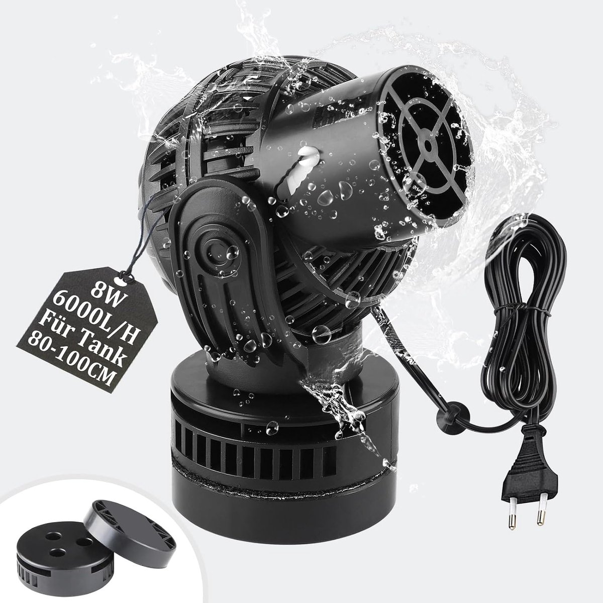 SnelShoppen - Circulatiepomp JVP-131 6000 L/H 8W Waterpomp voor Zoet- en Zoutwateraquarium, 360° Rotatie, Stil, Ideaal voor Malawi en Koraalrif, Zwart