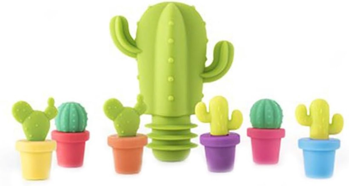 SnelShoppen - Set van 7 Siliconen Flessenstoppen voor Wijnflessen, Wijn, Genever, Cactus Design, Herbruikbaar, Kleurvol, Perfect voor Feestjes en Thui