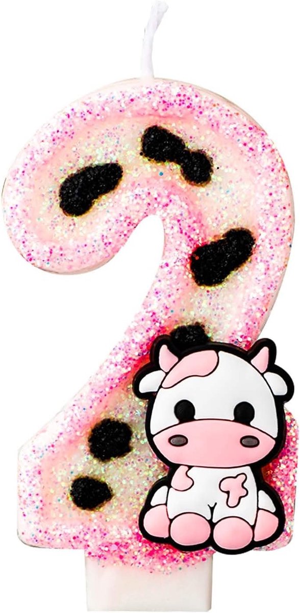 SnelShoppen - Cow Verjaardagstaart Kaars, Roze Koe Sprankelende Kaars, Schattige Koe Print Cijfer Kaars, Verjaardagstaart Decoraties Koe Print, 2 Stuk