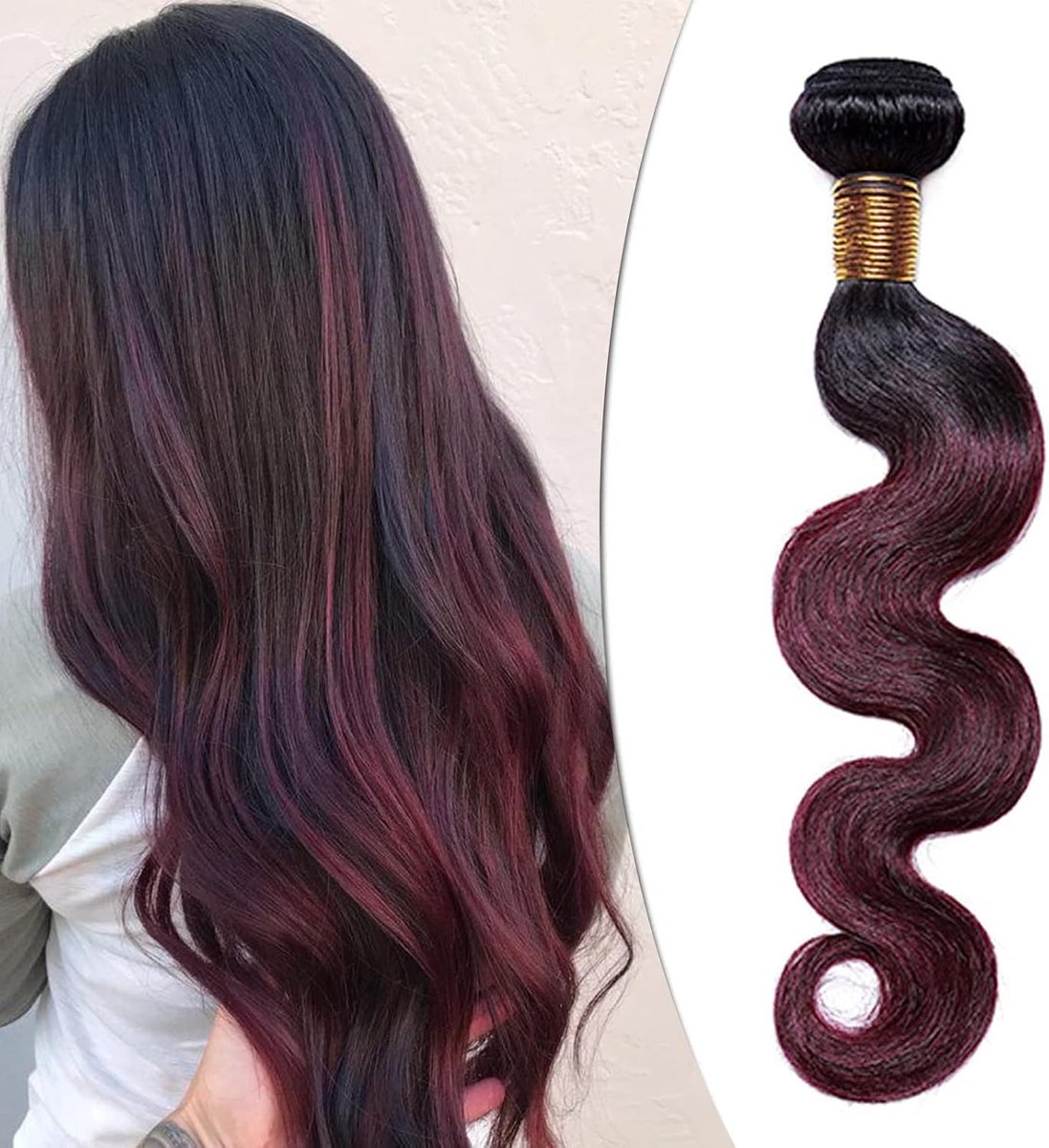 SnelShoppen - 100% Braziliaans Echt Haar Golvend 1 Stuk Ongemodificeerd, Natuurlijke Zwart/Wijnrood - Perfect voor Vlechten, Ringen, en Stijlvolle Haa