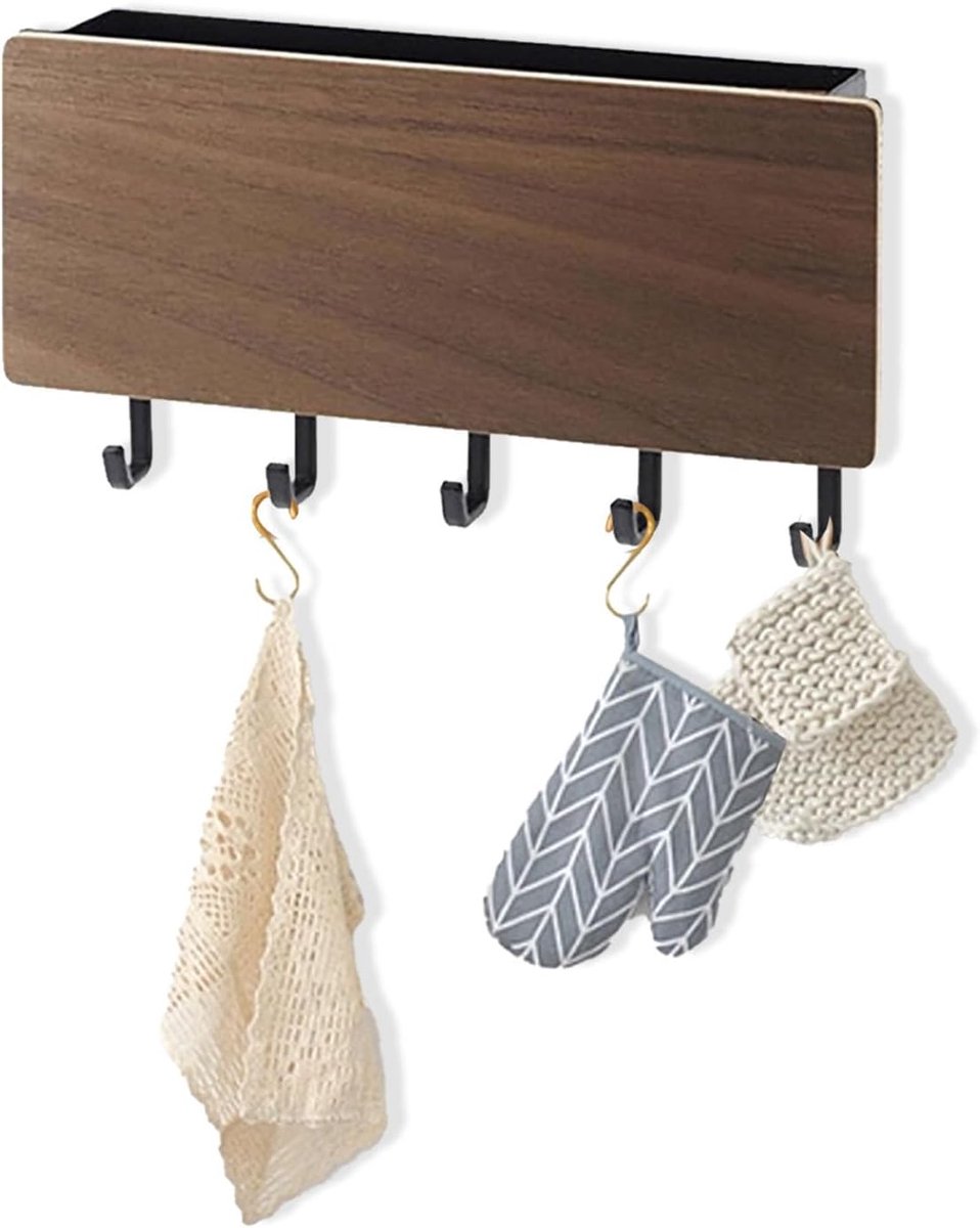 SnelShoppen - Houten Sleutelhanger Mail Organizer Wandgemonteerd Sleutelrek met 5 Haken, Decoratief voor Entree, Woondecoratie in Walnoot Houtkleur