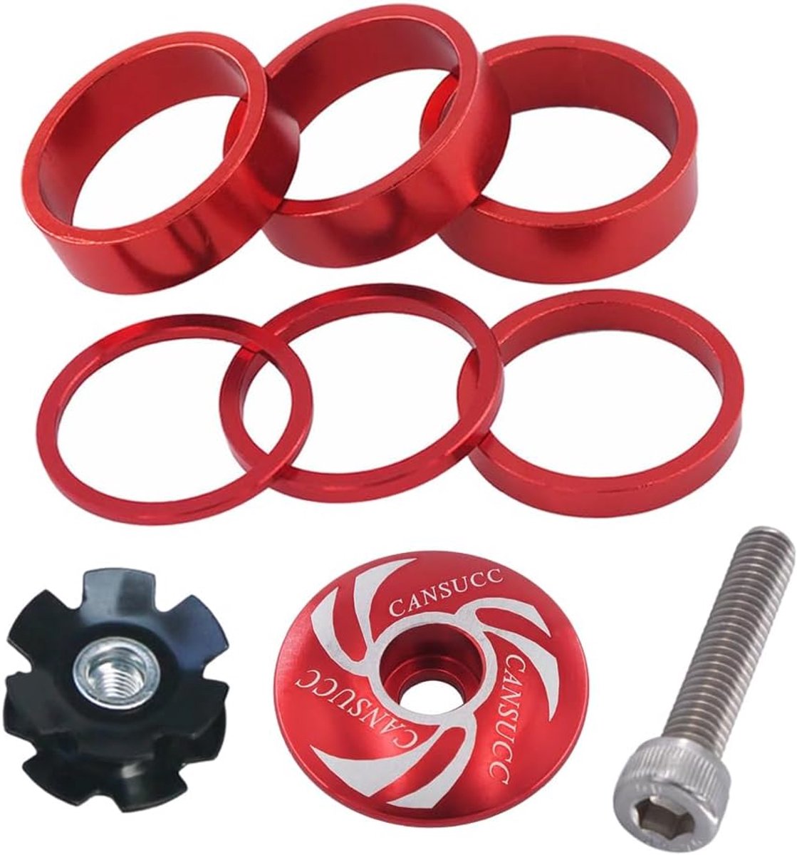 SnelShoppen - 9-delige Fiets Headset Spacer Kit met Stem Top Cap, Lange Bout, Headset Star Nut 1-1/8" 28.6mm Aluminium Fiets Voorvork Stem Spacers 2mm