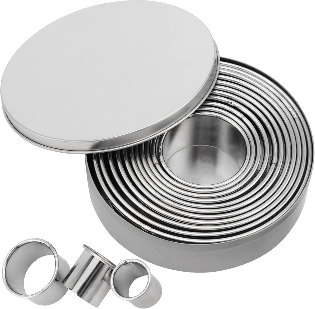 SnelShoppen - 14-delige Set Ronde Koekjesuitsteekvormen, RVS Deegsnijders voor Bakken, Perfect voor Donuts, Scones, Fondant en Taarten in Diverse Mate