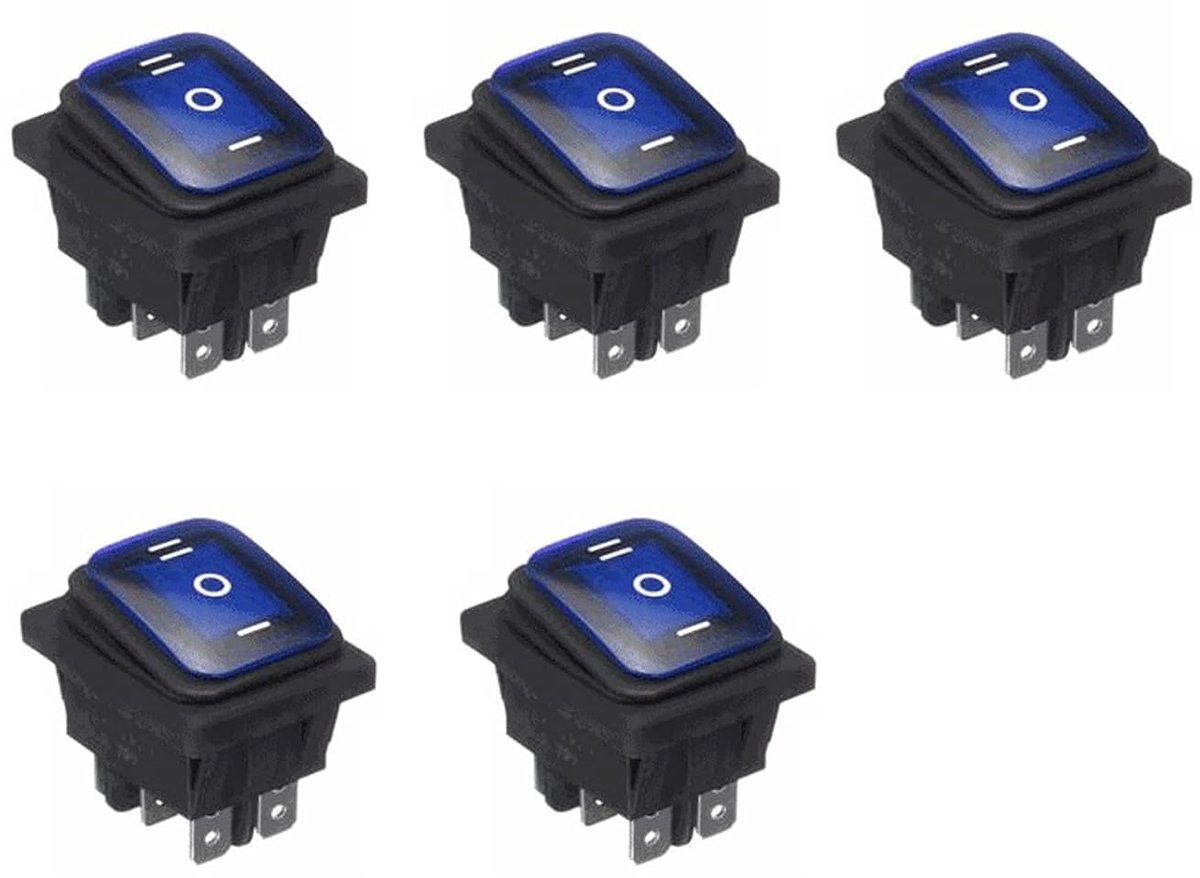 SnelShoppen - 5 Stuks Waterdichte LED Toggle Schakelaar 12V ON/OFF/ON, 3 Modus Rocker Schakelaar, 6 Pin voor Auto, Boot, Vrachtwagen, KCD4, Blauw
